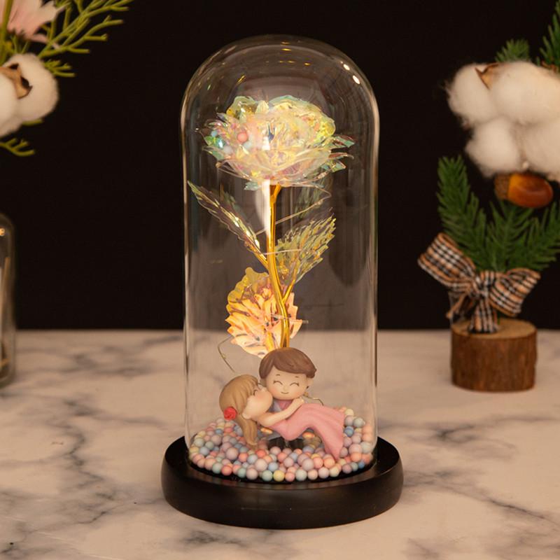 Gold Rose Glass Cover Ornament, Gold Leaf Flower LED Light Creative Christmas and Valentine's Day Gift