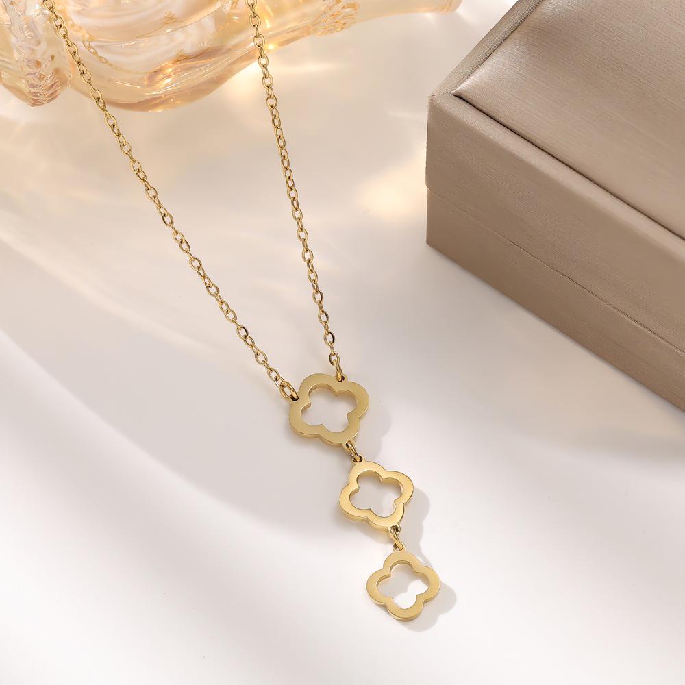18K Gold Stainless Steel Four-Leaf Clover Jewelry Set: Bracelet, Necklace & Earrings for Women