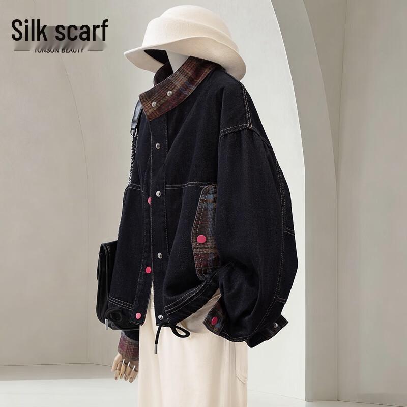 

Women s Color-block Lapel Denim Jacket One Size