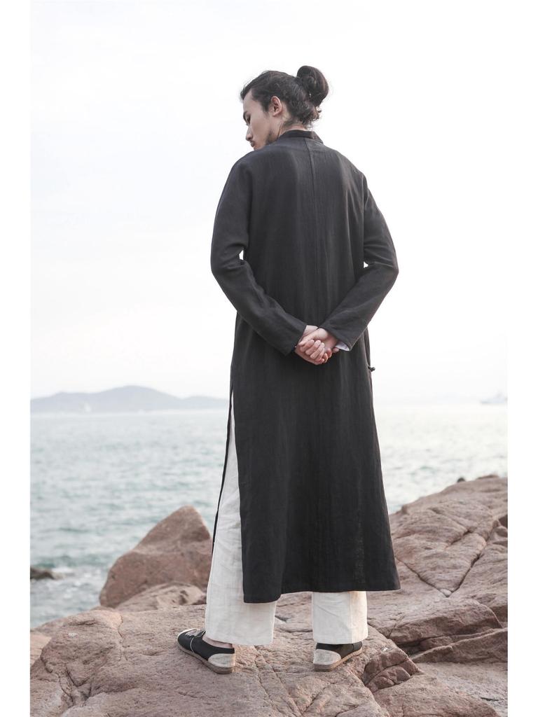 Ležérní dlouhé šaty Hanfu ve stylu éry Republiky, taoistický lněný župan s pan sponou a měděnými knoflíky