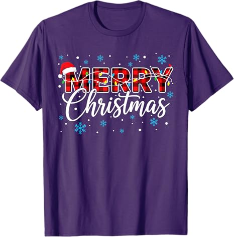 Funny Merry Christmas Buffalo Plaid Santa Hat Unisex Women TShirt Xmas Costume Novelty Gift Festive Santa Hat and String Lights