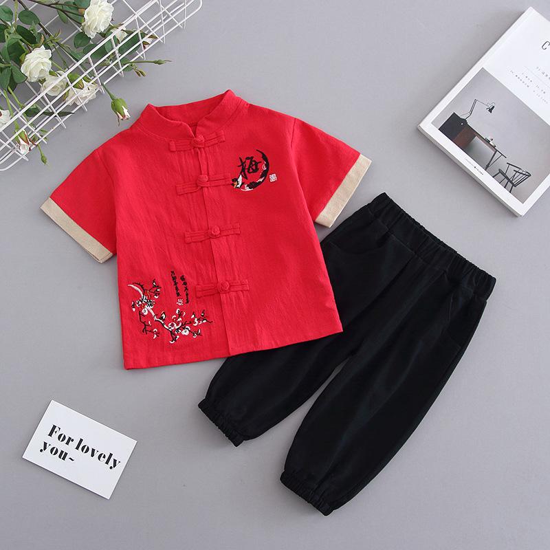 

Костюм для мальчиков из хлопка и льна, летний детский льняной китайский костюм в стиле ретро с короткими рукавами в стиле Тан, детская одежда, комплект из двух предметов, ханбок 140cm