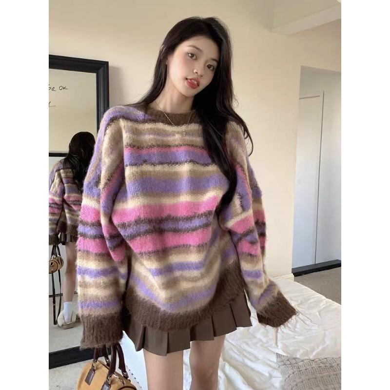 

Радужный полосатый свитер для женщин, новый осенне-зимний шикарный красивый нежный корейский свитер с атмосферой ленивого ветра One size