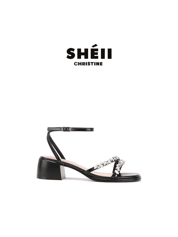 [Shei Su Yinyin] Rock Sugar Fairy~ 5CM French Rhinestone with Open-toed Thick High-heeled Sandals Women's Wedding Shoes