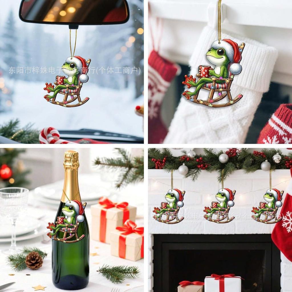 Funny Frog Santa Claus Christmas Tree Decoration, Double-Sided Printed Flat Animal Theme Holiday Party Ornament