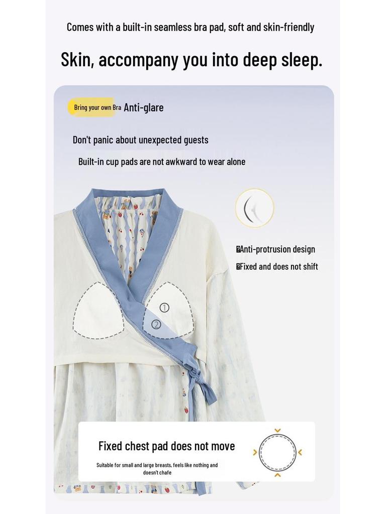 Damski kreskówkowy zestaw piżamowy z wkładkami na biust - Wiosenno-jesienna bawełna o fakturze chmury, Kardigan z długim rękawem, Cienki szlafrok, Odzież domowa i do noszenia na zewnątrz