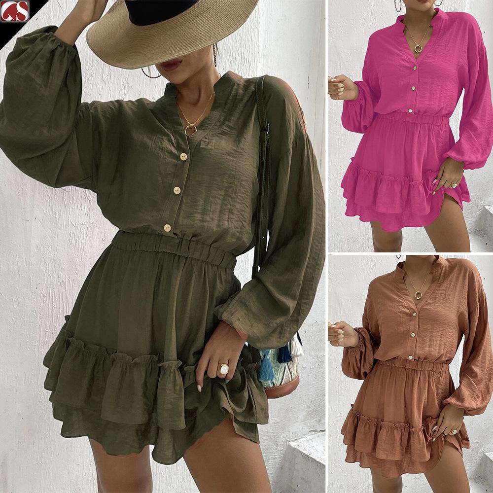 

2023 Осеннее женское платье с длинными рукавами, повседневное платье с рюшами