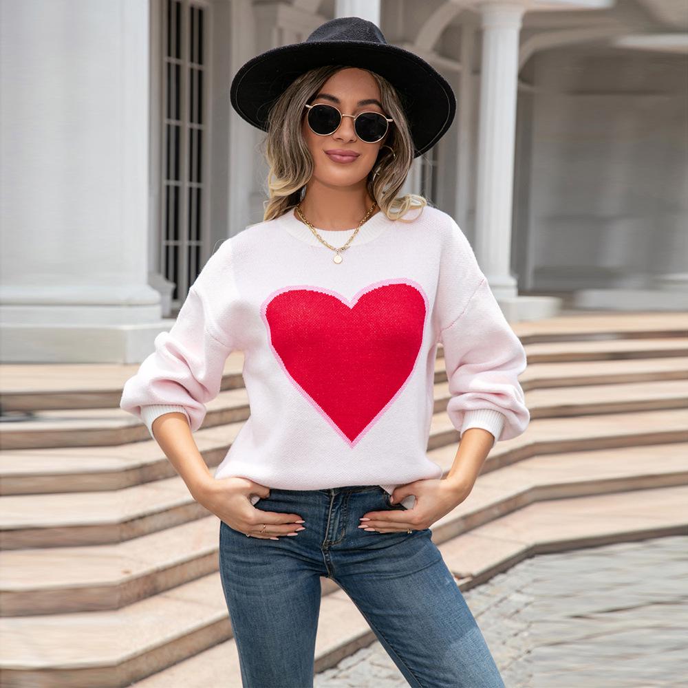 2026 Winter Valentine's Day Heart Pattern Round Neck Knit Pullover Sweater for Women - Plus Size Available