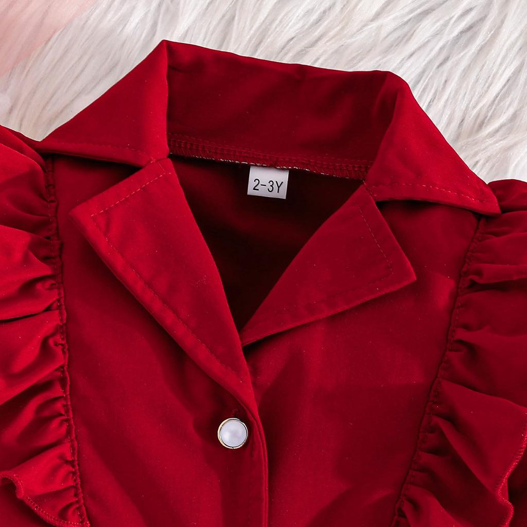 Autumn Winter New Girls' Long Sleeve + White Belt Top Ruffled Blazer Long Pants Three-Piece Set