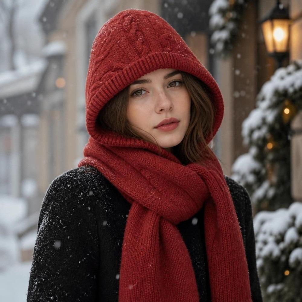 Warm Hooded Scarf Hat Soft Knit One-Piece Hooded Hat Retro Beanie Scarf Cap Women