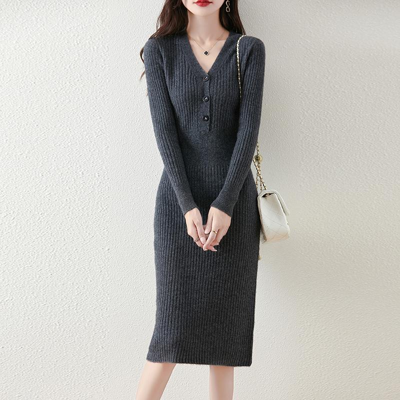 Dame Genser Kjole 100 % Ull MODERN NEW SAGA V-hals Strikk Lang Pullover Vintergensere Ull Lang Kjole Dame