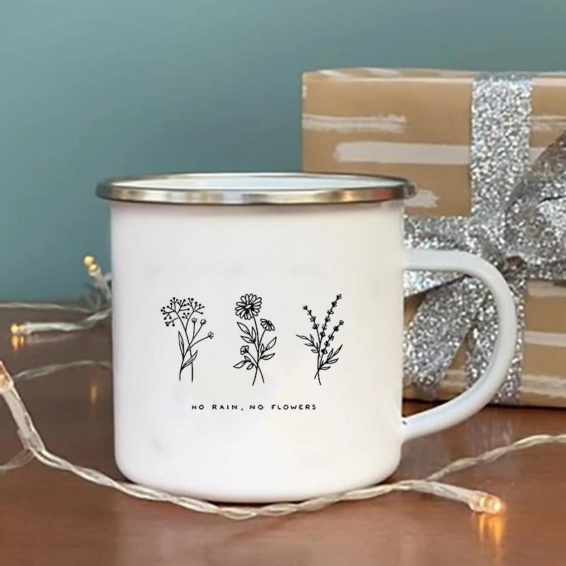 No Rain No Flower Print Enamel Mugs Creative Vintage Coffee Wine Cup Drinks Dessert Milk Cup Camping Mugs Handle Drinkware Gifts