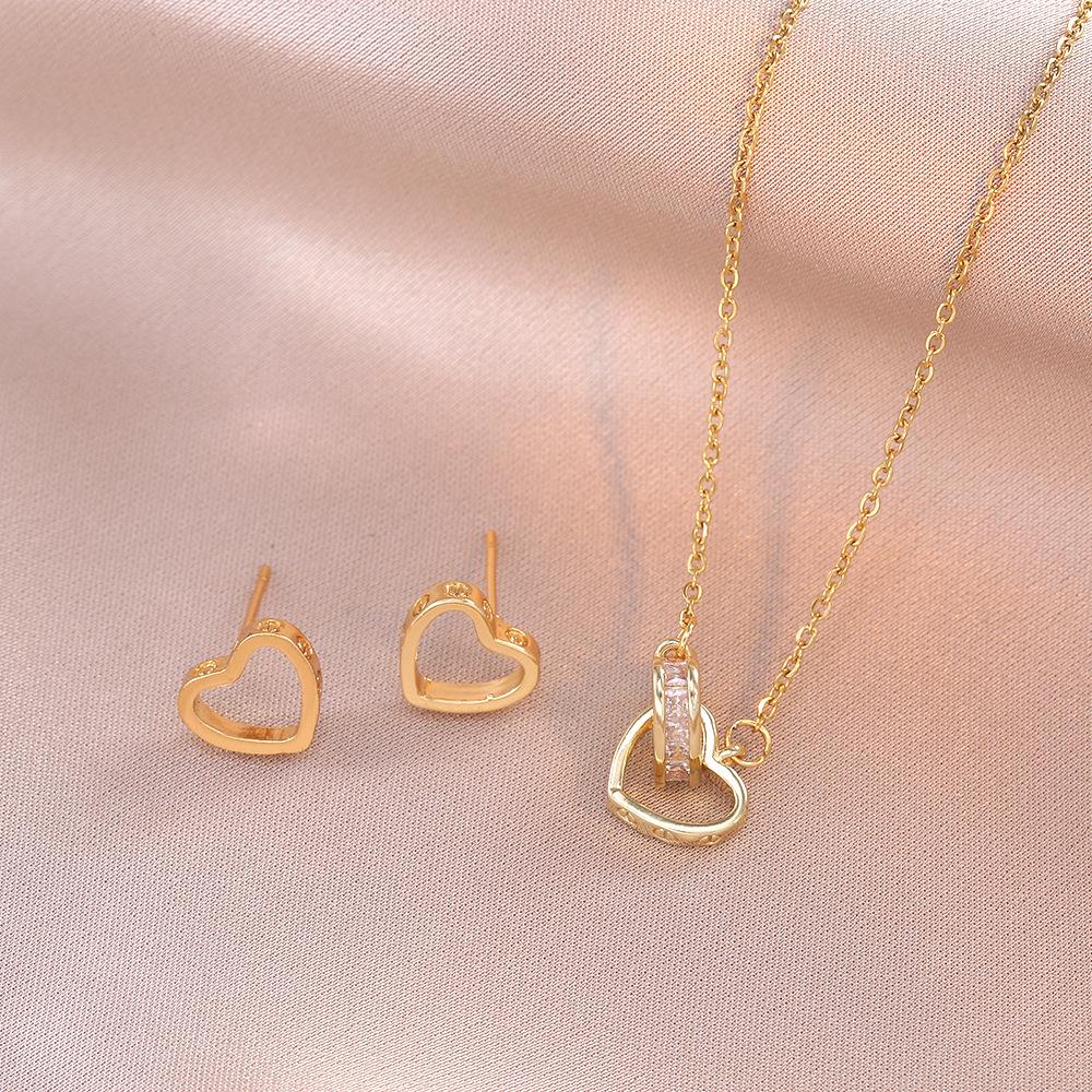 Women's Double Ring Heart Zircon Necklace & Peach Heart Earrings Set - Korean Fashion Style Clavicle Chain