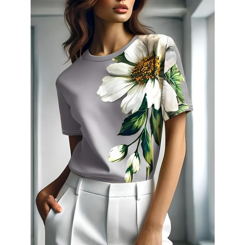 3DPrinted Short Sleeve Floral Small White Flower Printed Women's Round Neck T-shirt Summer Loose Women's Casual Short Sleeve Top