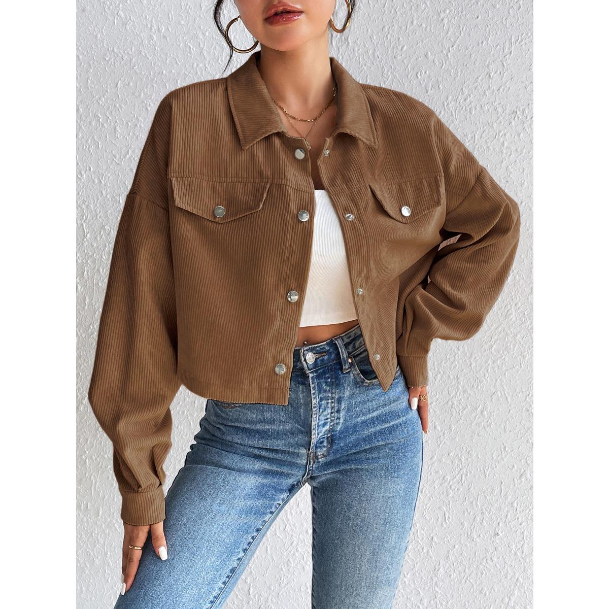 

Темпераментный приталенный короткий кардиган на молнии с лацканом и вельветовая куртка M темный кофе