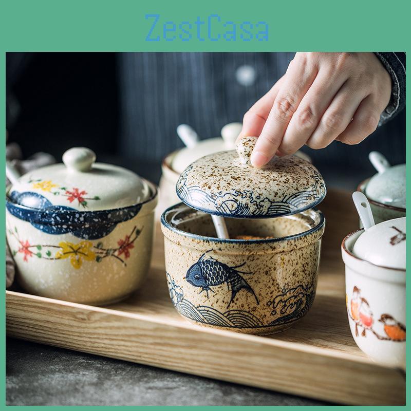 Seasoning With Ceramic Jar Lid And Spoon Kitchen Spice Jars For Salt Sugar Pepper Japanese Style Condiment Storage Box Tea