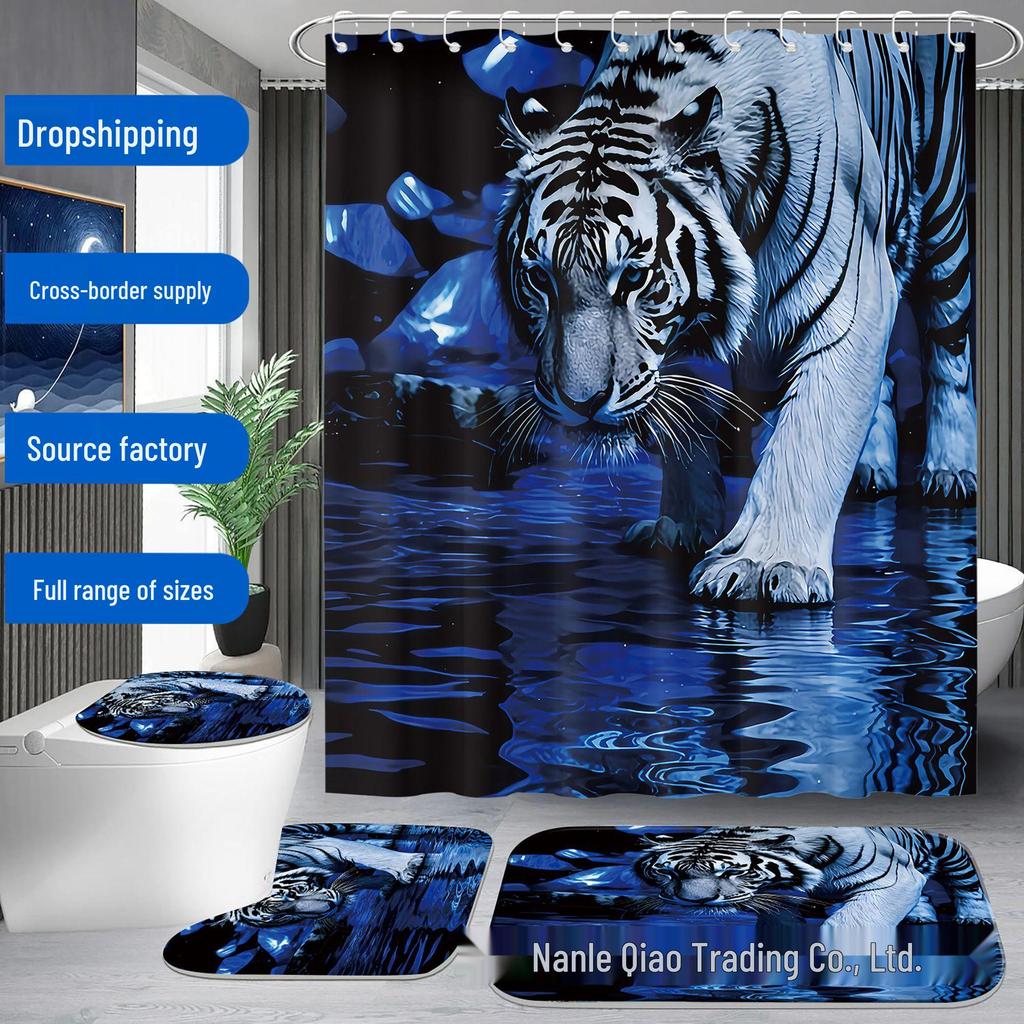 Blue Water & White Tiger Shower Curtain Set with 12 Hooks - Bathroom Decor
