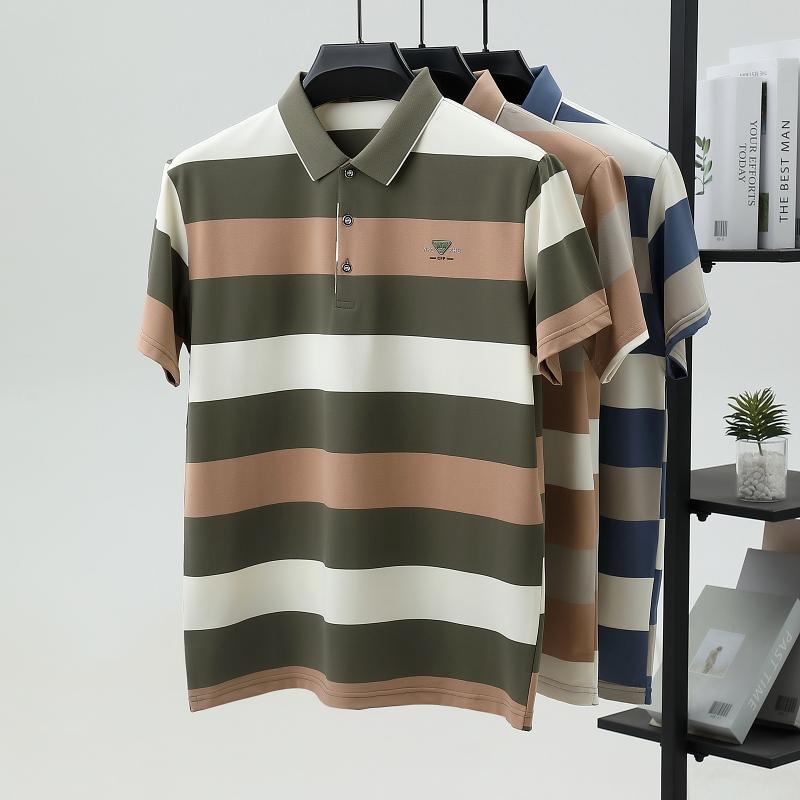 Luxury brand emboss short sleeve polo shirt fashion T-shirt stripe color blocked summer pure cotton comfort casual men's wear