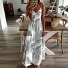 Women's pink brown tropical leaf print suspender long dress V-neck loose drape sleeveless vacation beach looking thin and long