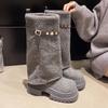 Winter Fashion Platform Women Knee-High Boots Punk Style Slip On Shoes Height Increase Pipe Long Knight Booties