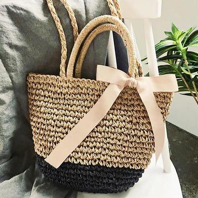 Summer Bowknot Straw Bag Women Handmade Weaven Beach Ribbons Shoulder Bag Vacation Handle Bag