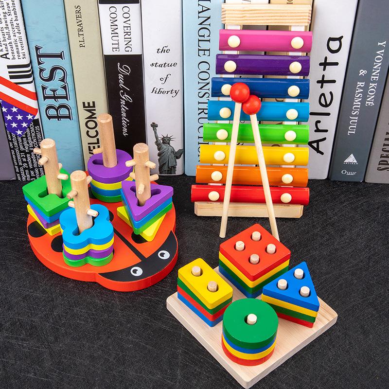 Children's Wooden Toy Set: Eight-Tone Piano, Bead Rainbow Tower, Puzzle Column, Twisting Worm