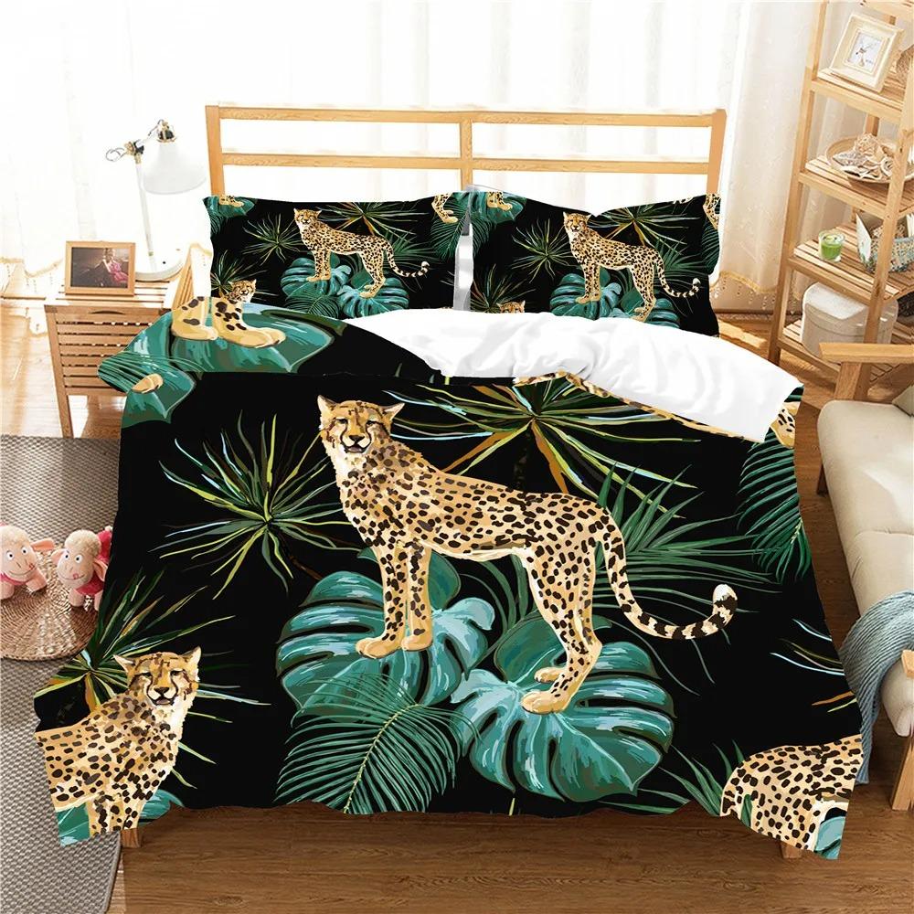 Jungle Animal Duvet Cover King Queen Tropical Plants Palm Leaves Bedding Set Kids Tiger Wildlife 23pcs Polyester Quilt Cover