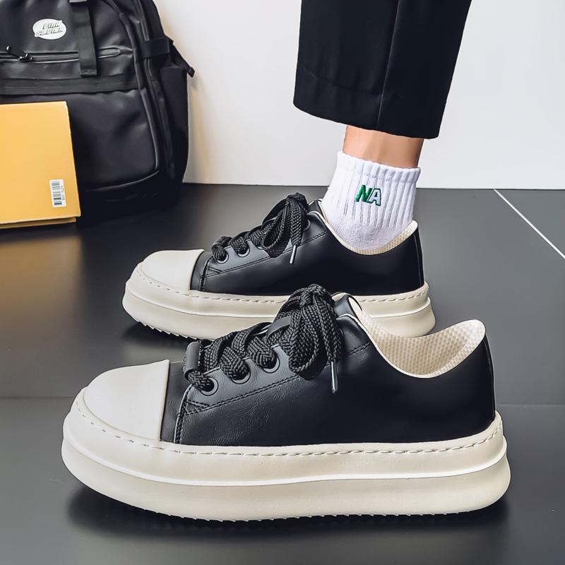 

thick-soled big-head shoes, leather surface waterproof and non-slip, niche American high street board shoes, versatile commuting height-increasing 39 чёрный