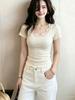 Korean Pure Desire Style Lace U-neck Short-sleeved T-shirt Women's Summer Slim and Thin Sweet Spice Girl Front Shoulder Temperament Beautiful Top