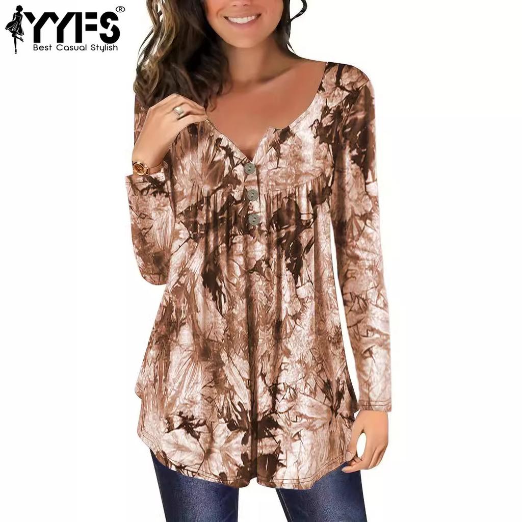 YYFS Moda dame ocazional primăvară toamnă imprimeu bloc de culoare cu mâneci lungi cu decolteu în V bluze și cămăși