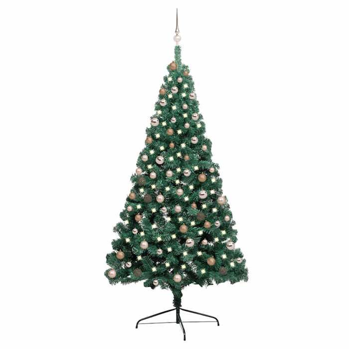 Maison Exclusive - Demi-arbre de Noël artificiel pré-éclairé et boules vert 210 cm