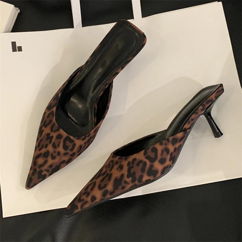 Eilyken Elegant Leopard Print Women Slipper Spring Pointed Toe Thin Low Heel Sandal Ladies Mules Shoes Zapatos Mujer