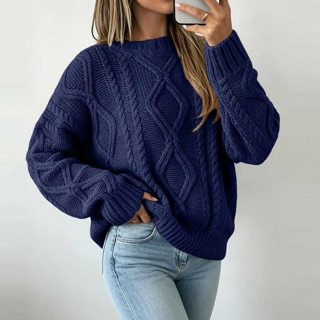 Women's Cable Knit Pullover Sweater - Loose Fit Neck Casual Top for Everyday Wear