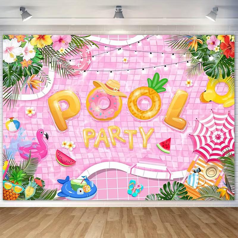 2D Summer Pool Party Backdrop with Watermelon and Pineapple for Kids Party