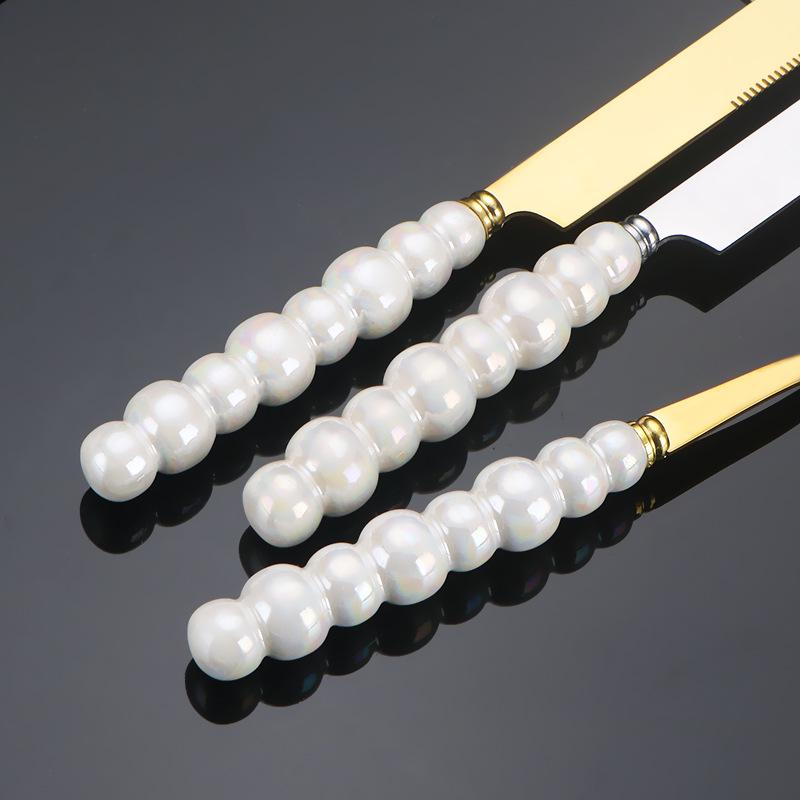 Norse Luxe Ceramic Pearl Cutlery Set: Fork, Knife & Spoon in Elegant Stainless Steel