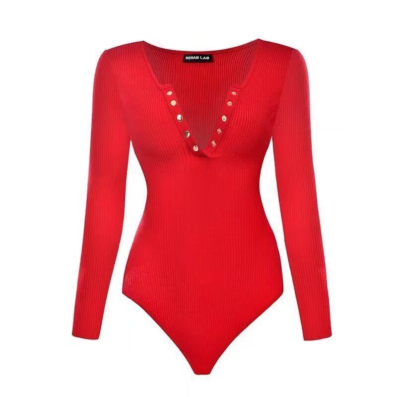 

Модный стиль V-образный вырез Сексуальный на пуговицах Вязаный Длинные рукава Комбинезон Футболка Женский Черный Комбинезон Облегающий Боди Топы Red All yards