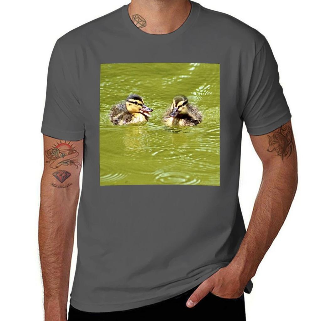Two Lovely Baby Mallard Ducklings Swimming TShirt Daily Wear Plain Short Sleeve Shirt