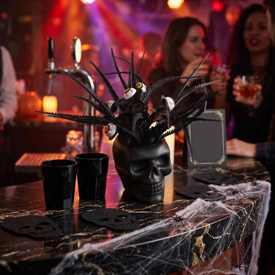 Spooky Skull Figurine, Black Red Rose Creepy Eyeballs Skeleton Halloween Table Centerpiece for Tabletop, Desk, Mantel, Shelf, Gothic Home Decor