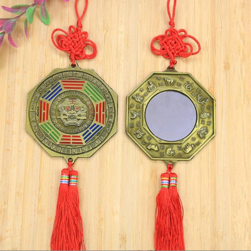 Fengshui Bagua Mirror for Home Protective and Positive Energy with Lion Biting Swords Chinese Knots Tassels Ornament