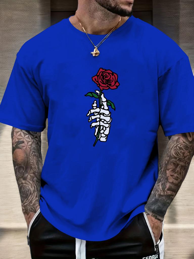 2025 Summer Essential Mens Tee Edgy Artistic Vintage Inspired Goth Skeleton Hand Rose Print 100 Cotton Short Sleeve Casual Top