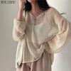 Hollow Out Tops Women Vintage Elegant Casual Round Neck Streetwear Chic Loose Sweaters Pullovers Trend