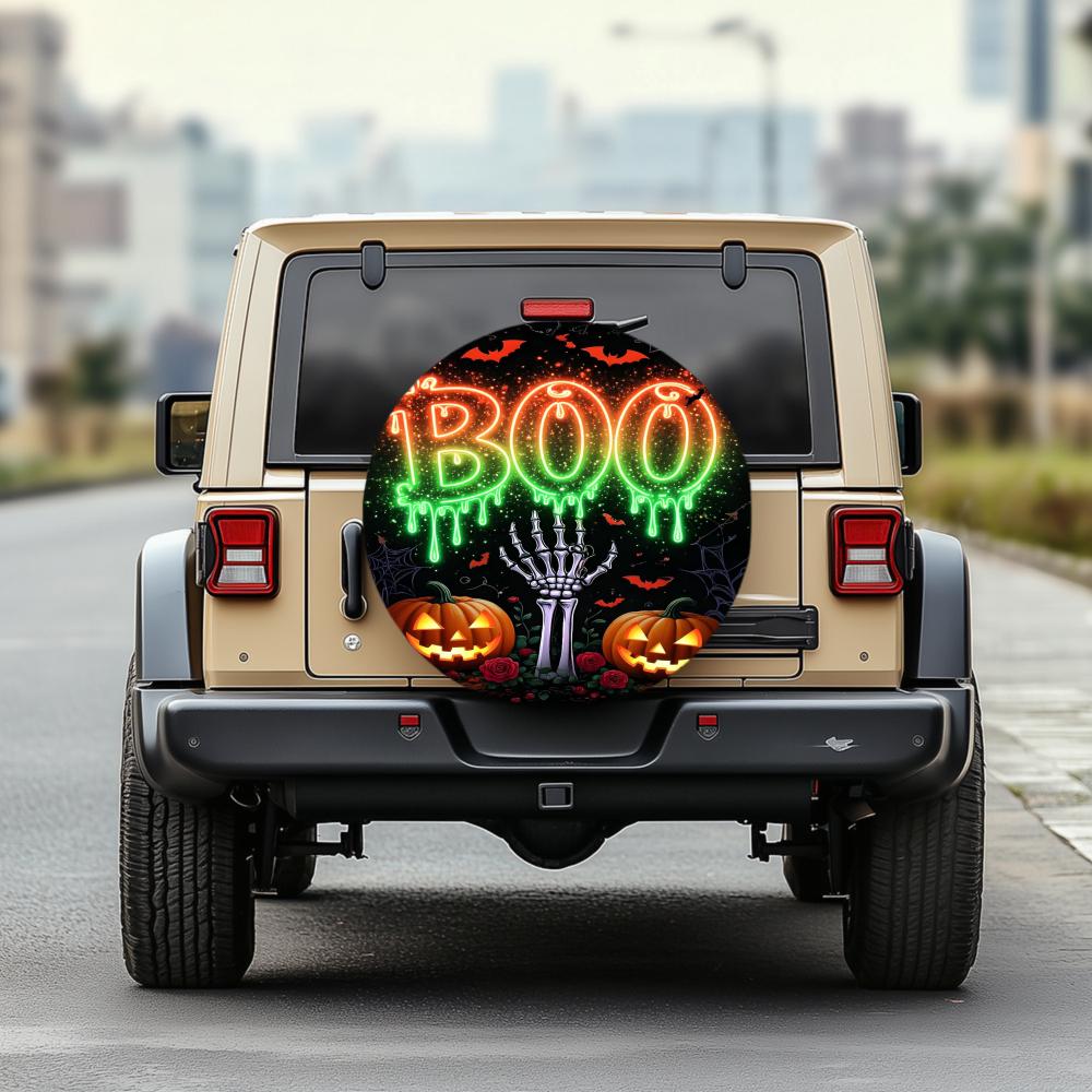 1pc 30/34 Inch Multi Functional Spare Tire Cover For Jeep Trailer RV Offroad Truck Camper Vehicles, Halloween Boo Pumpkin Skelet