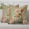 Easter Teacup Bunny Pillow Cover Vintage Floral Rose Print Soft Cozy For Sofa Bed Living Room Spring Decor Cute Gifts