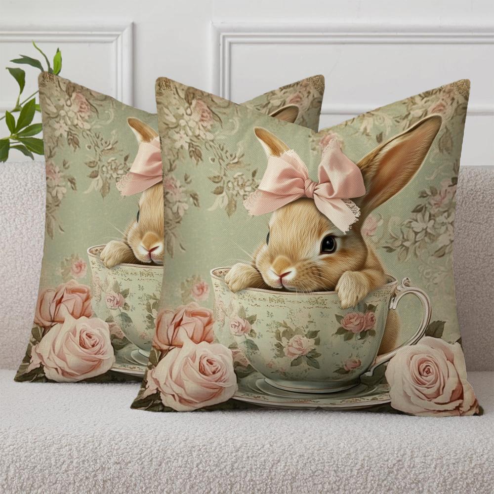 Easter Teacup Bunny Pillow Cover Vintage Floral Rose Print Soft Cozy For Sofa Bed Living Room Spring Decor Cute Gifts