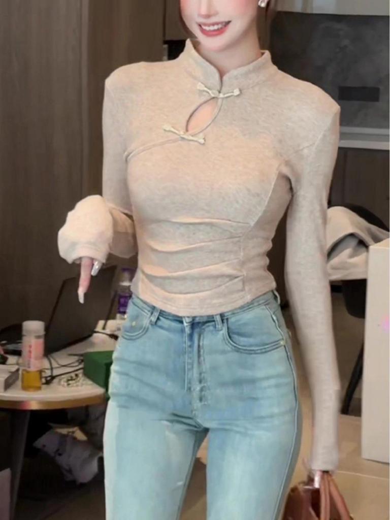 Women's Early Spring Chinese Style Stand Collar Frog Button Long Sleeve Slim Fit Shirt