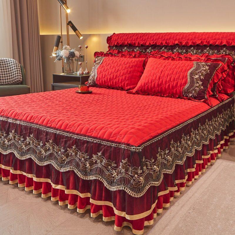 Sada vintage stylu volánu na postel a povlaků na polštáře - 3dílná vyšívaná krajková ozdoba, zesílená prošívaná ložní souprava, pratelná v pračce, celoroční pohodlí pro domov