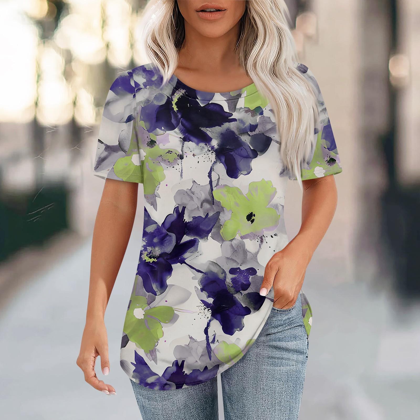 

Футболки для женщин, плиссированные, с круглым вырезом, нарядные, повседневные, блузки с принтом, с коротким рукавом, летние топы, свободный крой L