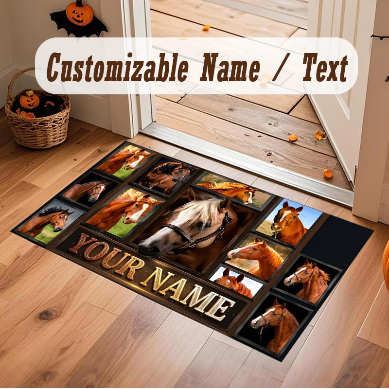 Horse Theme Soft Crystal Velvet Rug Custom Name & Text Print Non Slip Floor Rug for Bedroom Living Room