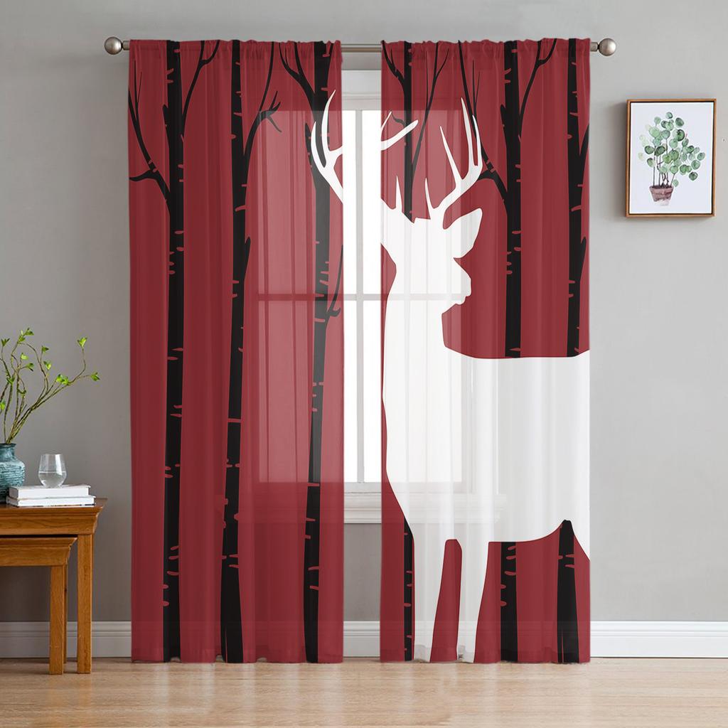 Deer In Autumn Misty Forest Sheer Curtains for Living Room Transparent Tulle Window Curtain Bedroom Kitchen Decor Veil Drapes