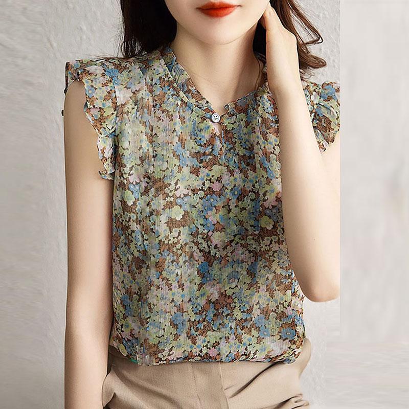 

ZANZEA Женские повседневные блузки с цветочным принтом, воротником-стойкой, пуговицами, рукавами-крылышками S зелёный